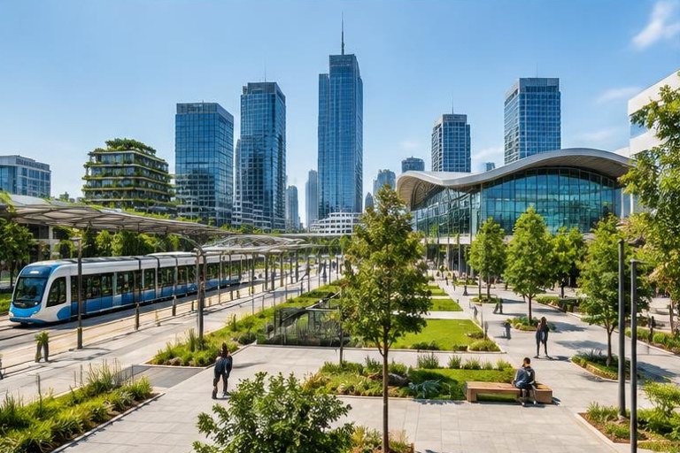 Toplu taşıma ve yeşil alanlarıyla modern şehir meydanı