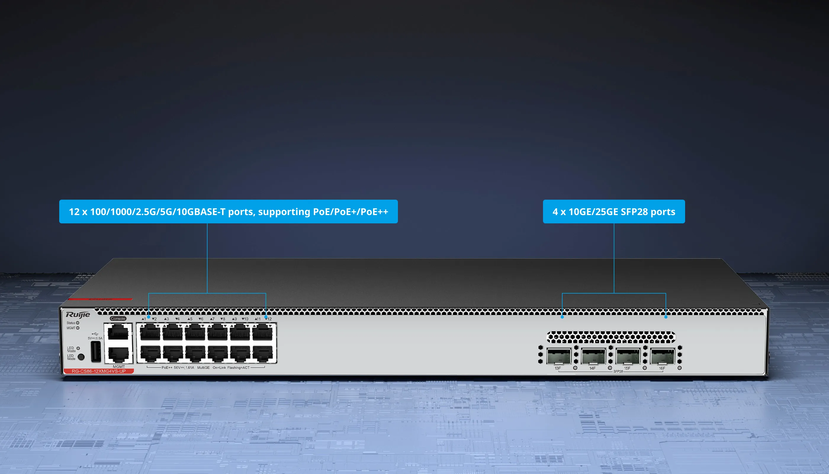 RG-CS86-12XMG4VS-UP 12-Port Multi-GE PoE Switch with Cloud Management, Full 1GE/2.5GE/5GE/10GE, 4-Port 25GE Uplink